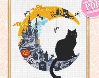 Halloween cat cross stitch pattern PDF download Crescent moon cross stitch chart, Halloween pattern digital PDF Haunted house, Black cat #H9