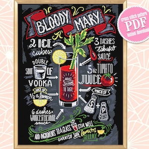 Recipe Bloody Mary cocktail cross stitch pattern PDF download Drink cross stitch chart, Bar decor, Alcohol cocktail pattern digital PDF #F10