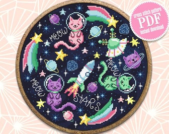 Space cat cross stitch pattern PDF download Funny cat in space cross stitch chart, Astronaut cat embroidery PDF, Outer space, Cat art #K59