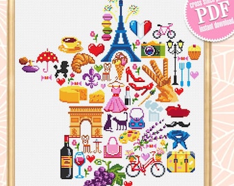 May include: Cross stitch pattern PDF instant download featuring a colorful illustration of iconic Parisian landmarks and symbols, including the Eiffel Tower, Arc de Triomphe, croissants, wine, and a baguette.