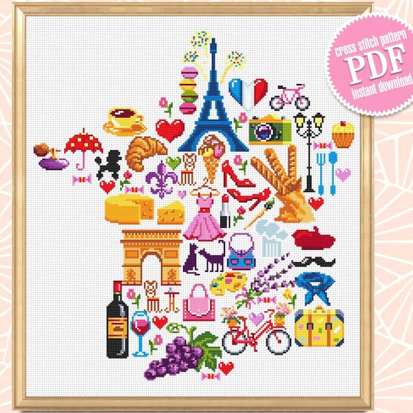 France map cross stitch pattern PDF download French sampler cross stitch chart, France pattern digital PDF, Paris cross stitch #E7