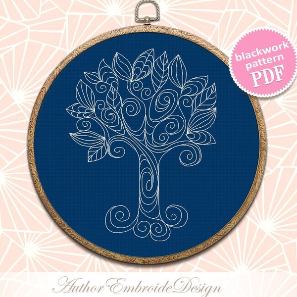 Mandala tree of life blackwork pattern PDF download Backstitch chart Mandala ornament tree, Blackwork tree embroidery PDF, Nature, Leaf #W24