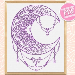 Moon mandala cross stitch pattern PDF download Crescent moon cross stitch chart, Simple mandala pattern digital PDF, Moon ornament #M162