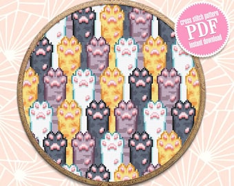 Padrão de ponto cruz de patas de gato engraçado download de PDF Gráfico de ponto cruz de gato fofo, presente de amante de gato, ponto cruz de arte de gato, bordado à mão PDF # K17
