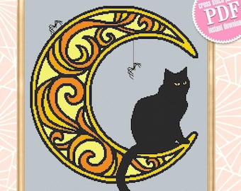 Halloween Cat on Crescent Moon Cross Stitch Pattern PDF Download