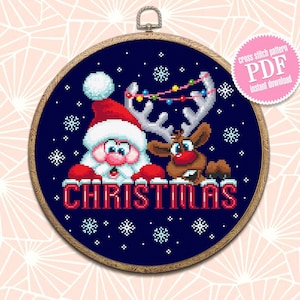 Christmas santa and reindeer cross stitch pattern download PDF Funny deer cross stitch chart, Christmas pattern digital PDF, Home decor #N64