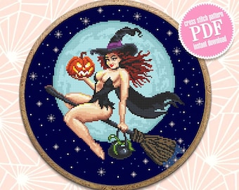 May include: Cross stitch pattern PDF instant download of a witch flying on a broomstick in front of a full moon with stars. She is holding a jack-o'-lantern.