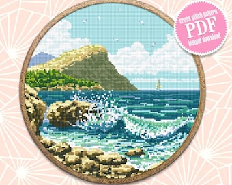 Schema punto croce paesaggio marino scarica PDF Schema punto croce onde dell'oceano Natura ricamo a mano PDF Campione punto croce estate #L37