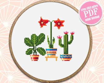 Potted house plants cross stitch pattern PDF download Floral cross stitch chart, Easy small cross stitch sampler, Plant lover gift #P17