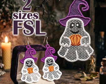 FSL Ghost Machine Embroidery Design, Halloween Earrings and Ornament File, Witch Ghost Free Standing Lace Pattern, 2 Sizes