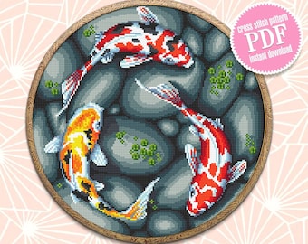 Koi pond cross stitch pattern download PDF, Koi fish cross stitch chart, Fish hand embroidery PDF, Oriental decor, Nature cross stitch #L51