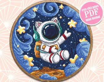 Astronaut cat cross stitch pattern PDF download Funny cat in space cross stitch chart, Space cat embroidery PDF, Outer space, Cat art #K57