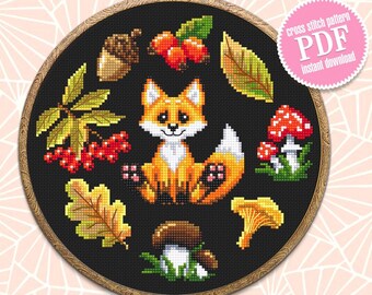 Cross stitch pattern cute little fox DMC chart printable PDF instant download Mushroom cross stitch Autumn embroidery beginners #K8