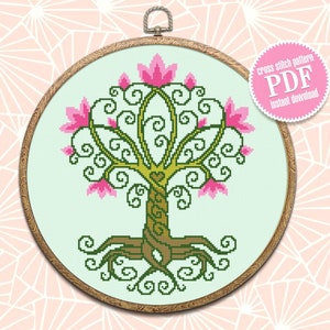 Tree of Life cross stitch pattern PDF download Flowering tree cross stitch chart, Flowers tree pattern digital PDF Simple cross stitch #M130