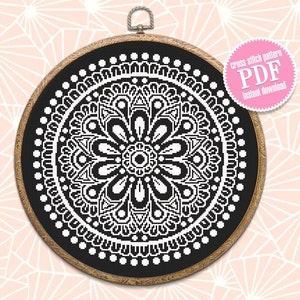 Modèle de point de croix mandala fleur Télécharger PDF Mandala simple numérique Cercle de point de croix monochrome facile Tableau de point de croix moderne #M157