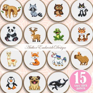 Mini Animal Cross Stitch Pattern PDF Download, Set of Fifteen (15) Small Animals Cross Stitch Chart, Digital Bundle for Beginners #K50