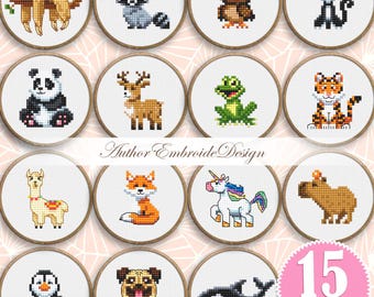 Mini Animal Cross Stitch Pattern PDF Download, Set of Fifteen (15) Small Animals Cross Stitch Chart, Digital Bundle for Beginners #K50