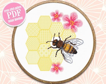 Bee and honeycomb cross stitch pattern PDF instant download Honey bee cross stitch chart, Honeycomb blackwork pattern digital #P57