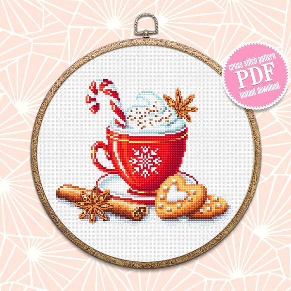 Christmas coffee cross stitch pattern download PDF, Christmas cross stitch chart, Winter holiday hand embroidery PDF, Coffee cup stitch #N58