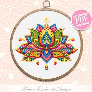 Lotusbloemmandala kruissteekpatroon pdf-download Bloemenmandala borduurwerk pdf, regenboog lotus kruissteekkaart, lotusmandala #M197