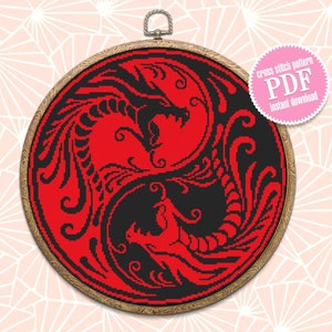 May include: Cross stitch pattern PDF for a red and black yin yang design with stylized dragons. Instant download.