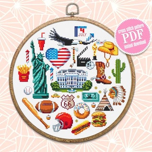Patrón de punto de cruz de EE. UU. descargar PDF Patrón de los Estados Unidos de América muestra redonda Día de la Independencia Puntada moderna para principiantes Decoración del hogar #E11