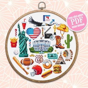 USA cross stitch pattern download PDF United States of America pattern round sampler Independence day Modern beginner stitch Home decor #E11