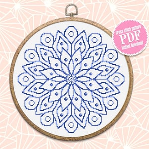 Modèle de point de croix mandala facile à télécharger PDF Mandala de fleurs numérique Point de croix monochrome Ornement floral xstitch graphique Décoration intérieure #M71