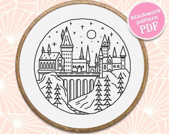 Wizard school blackwork pattern PDF Magic castle cross stitch, Fantasy Wizarding world hand embroidery PDF download, Backstitch chart #W13