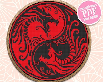 Dragons Yin Yang cross stitch pattern download PDF Dragons mandala digital Ying Yang embroidery beginners Modern cross stitch chart #M161