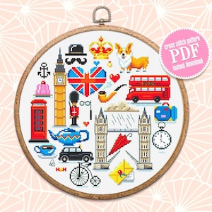England cross stitch pattern download PDF United Kingdom Pattern round sampler London cross stitch British cultural icons Home decor #E5