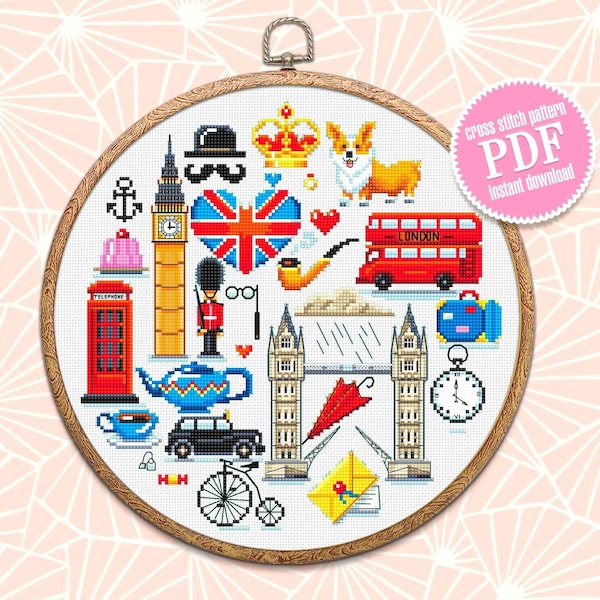 England cross stitch pattern download PDF United Kingdom Pattern round sampler London cross stitch British cultural icons Home decor #E5