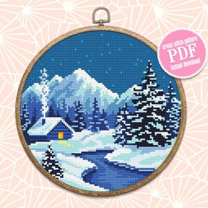 Winter cross stitch pattern download PDF Mountain landscape embroidery Winter forest cross stitch chart Starry night Winter house PDF #L33