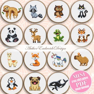 PDF-download mini-dier kruissteekpatroon Set van 15 dieren kruissteekkaart, digitale pdf-patroon dierenpatroon, xstitch voor beginners #K50