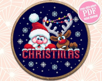 Christmas santa and reindeer cross stitch pattern download PDF Funny deer cross stitch chart, Christmas pattern digital PDF, Home decor #N64