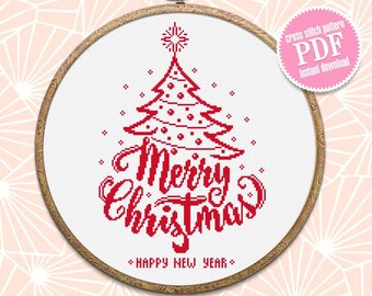 Christmas tree cross stitch pattern download PDF, Merry Christmas pattern digital, Monochrome embroidery beginner, Easy xmas stitch #N74