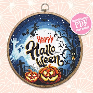 Happy Halloween cross stitch pattern download PDF Halloween moon cross stitch Spooky cross stitch chart Halloween night Magic embroidery #H8