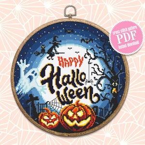 Happy Halloween cross stitch pattern download PDF Halloween moon cross stitch Spooky cross stitch chart Halloween night Magic embroidery #H8