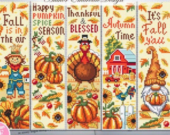 Fall bookmark set cross stitch pattern PDF download Pumpkin season cross stitch chart Pumpkin bookmark pattern digital PDF Autumn time #B488