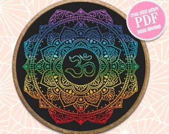 Mandala Om cross stitch pattern download PDF Meditation yoga cross stitch Chakras embroidery beginners Unique cross stitch simple #M146