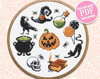 Halloween cross stitch pattern download PDF Beginner stitch Magic horror cross stitch Witch black cat stitch chart Halloween embroidery #H30