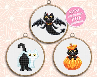 ハロウィーン猫のクロスステッチパターンPDFダウンロードかわいい黒猫の刺繍PDF、面白い家の猫の装飾、ゴースト猫のクロスステッチチャート#H65