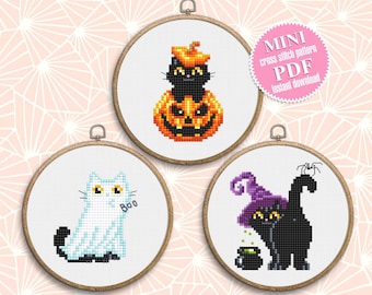 ハロウィーン猫のクロスステッチパターンPDFダウンロードかわいい黒猫の刺繍PDF、ゴースト猫のクロスステッチチャート、面白い家の猫の装飾#H63