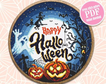 Happy Halloween cross stitch pattern download PDF Halloween moon cross stitch Spooky cross stitch chart Halloween night Magic embroidery #H8