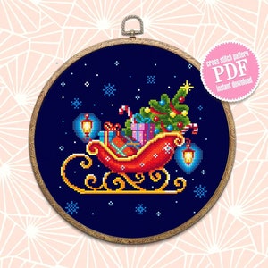 Santa sleigh with christmas tree cross stitch pattern download PDF Christmas pattern digital PDF, Christmas lanterns cross stitch chart #N13