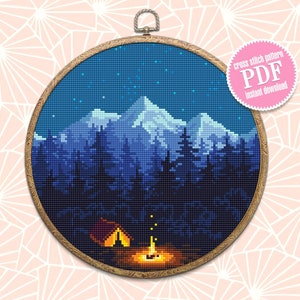 Nature cross stitch pattern download PDF Mountain landscape cross stitch Camping tent xstitch chart Night nature PDF Travel home decor L43 image 1