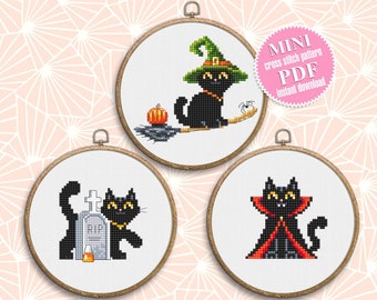Set Halloween-katter korsstygnsmönster PDF-nedladdning Svart kattbroderi, Häxkatt korsstygnsdiagram, Vampyrkatt, Kattälskare present #H64