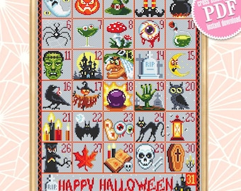 Schema per punto croce del calendario dell'avvento di Halloween in formato PDF da scaricare Schema per punto croce spettrale, schema digitale per Halloween in formato PDF Calendario del conto alla rovescia #H24