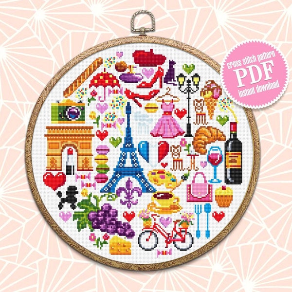 France cross stitch pattern download PDF French sampler PDF Paris cross stitch chart Travel beginner stitch Paris pattern round sampler #E6