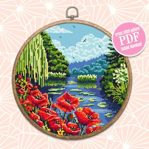 May include: Cross stitch pattern PDF instant download of a colorful landscape with a river, trees, and red poppies.